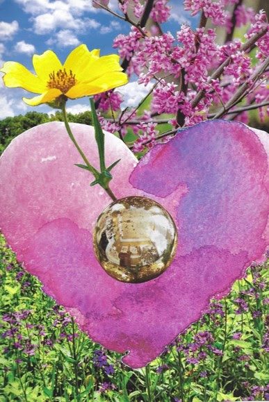 Collage of a heart with a flower growing from the center